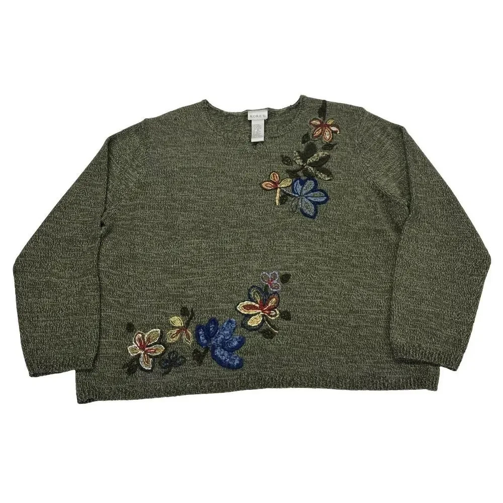 Koret Women’s Floral Wool Blend Embroidery Knit Sweater Green Sz XL Grannycore